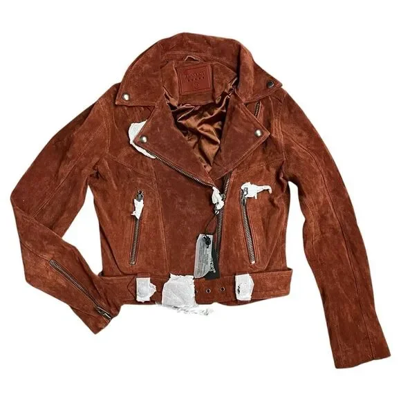 Blank NYC Jacket Womens XS Sun Valley Suede Leather Luxury Zip Moto Amber Spring